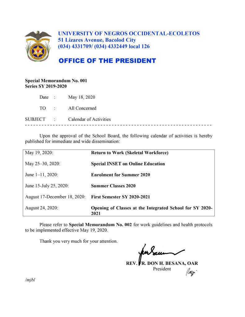 Fr. President’s Special Memos University of Negros Occidental Recoletos