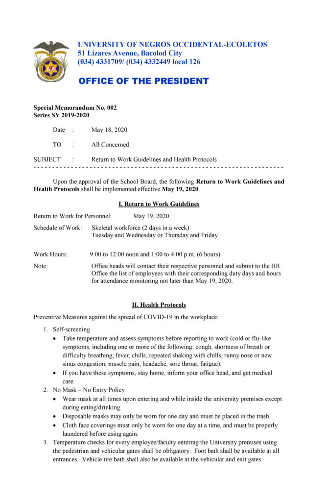 Fr. President’s Special Memos University of Negros Occidental Recoletos